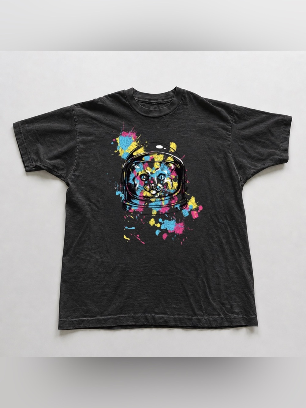 Black Short Sleeve Tee with Colorful Astronaut Cat Graphic